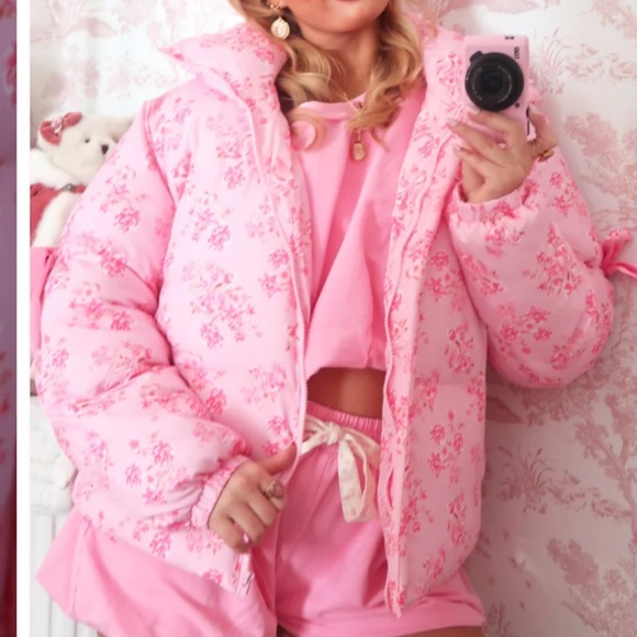 Jackets & Coats | Pink Puffer Ski Jacket Pink All Over Floral Design ...